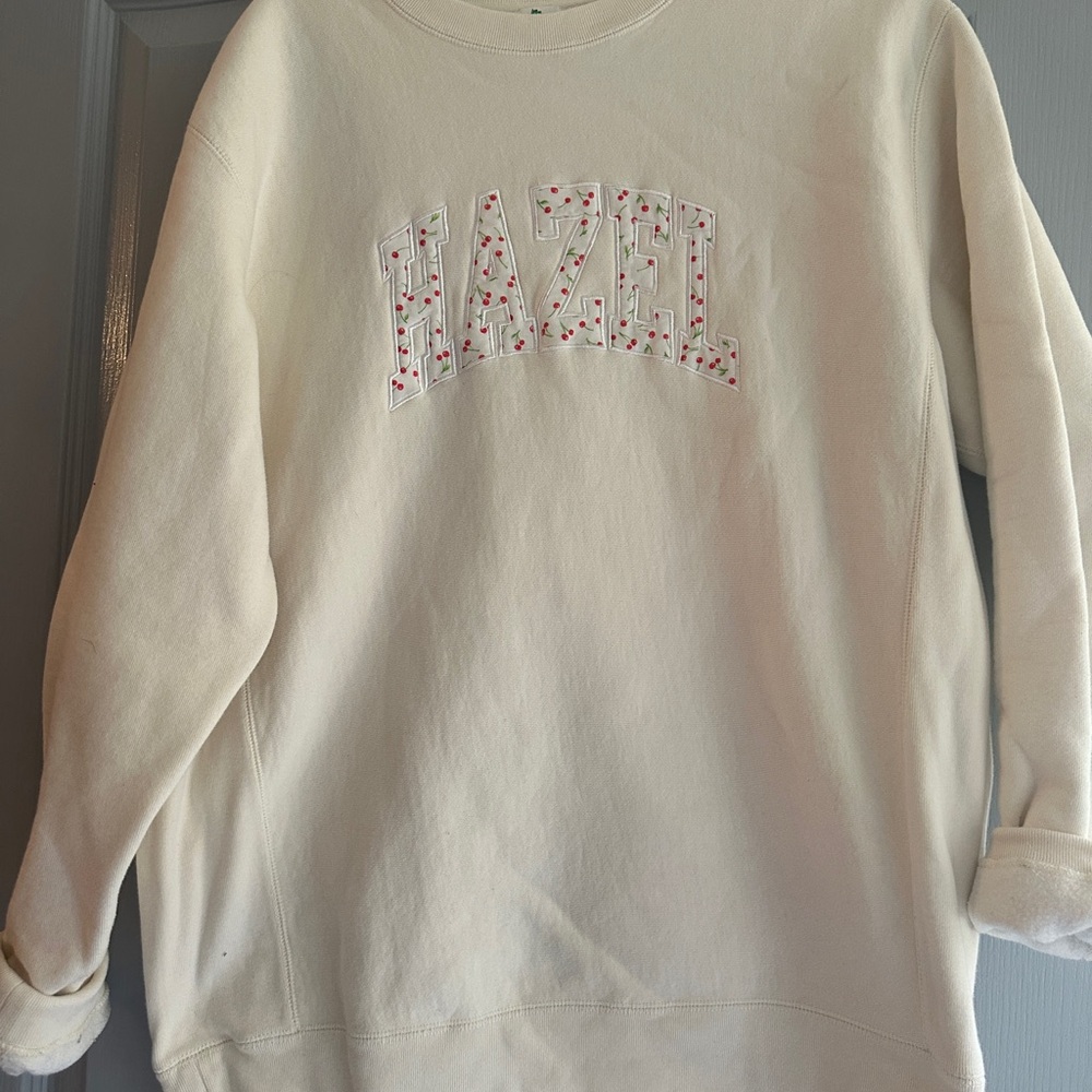 hazel Cream Crewneck Sweater with Embroidered Floral Logo